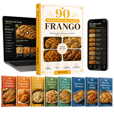 Kit 90 Maneiras de Fazer Frango da Chef Luana com ebook, celular, notebook e booklets de receitas